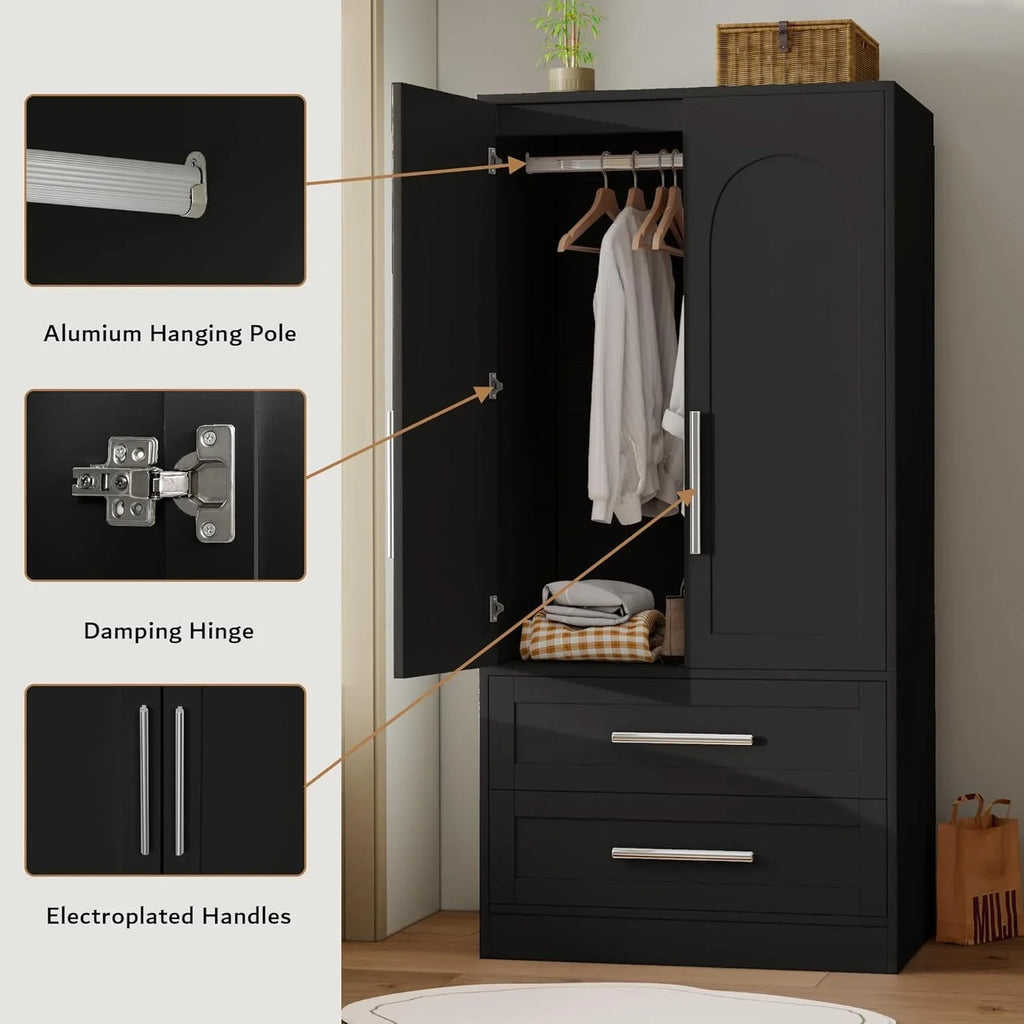 iPormis Wooden Armoire Wardrobe Closet with 2 Drawers, Clothing Storage Cabinet