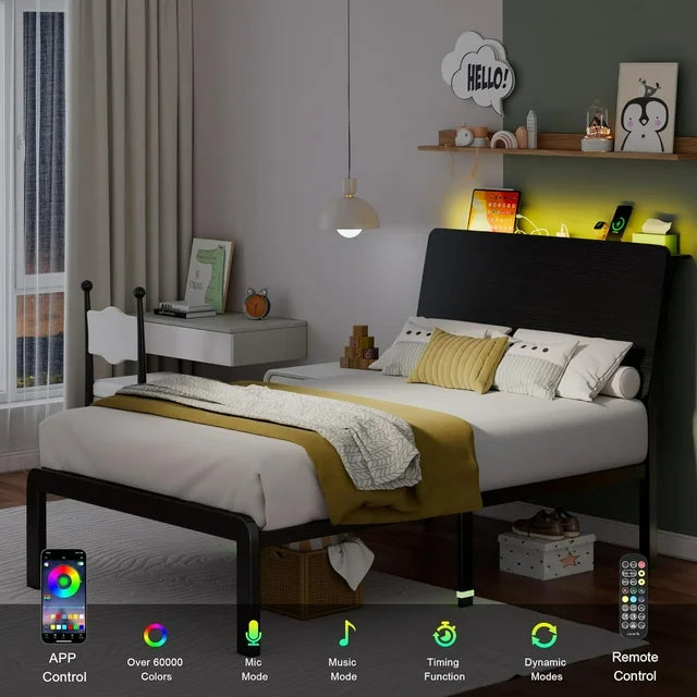 iPormis Bed Frame with Ergonomic Storage Headboard & Charging Station