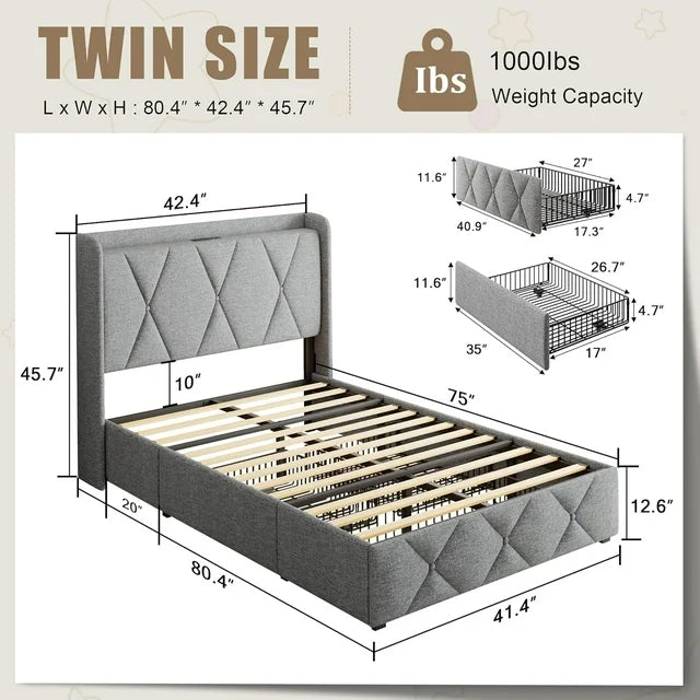 iPormis Bed Frame with Charging Station , Upholstered Bed with 4 Storage Drawers