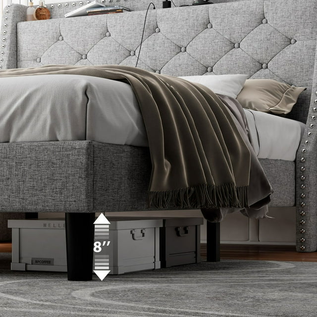 iPormis Full Bed Frame with Upholstered Wingback Button Tufted Storage Headboard