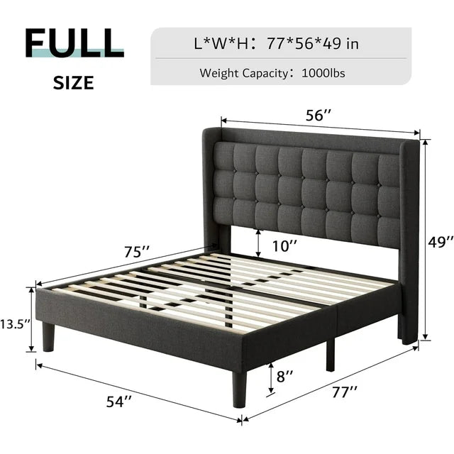 ipormis Full Size Bed Frame with Charging Station，Upholstered Platform Bed Frame with Wingback Storage Headboard