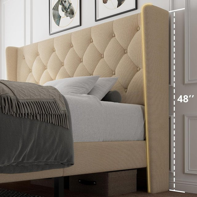 iPormis Bed Frame with Diamond Button Tufted Wingback Headboard, Upholstered Platform Bed Frame
