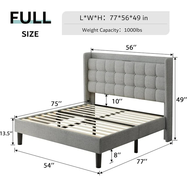 ipormis Full Size Bed Frame with Charging Station，Upholstered Platform Bed Frame with Wingback Storage Headboard