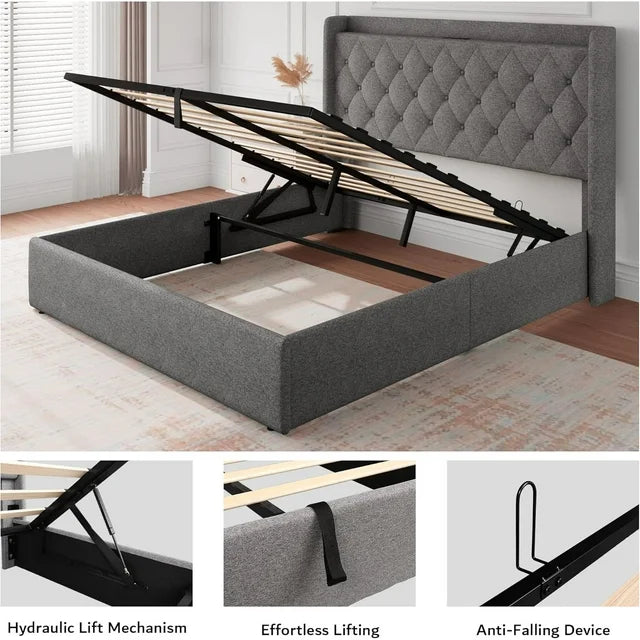 iPormis Queen Size Bed Frame with Lift up Storage & Charging Station, Button Tufted Wingback Upholstered Headboard