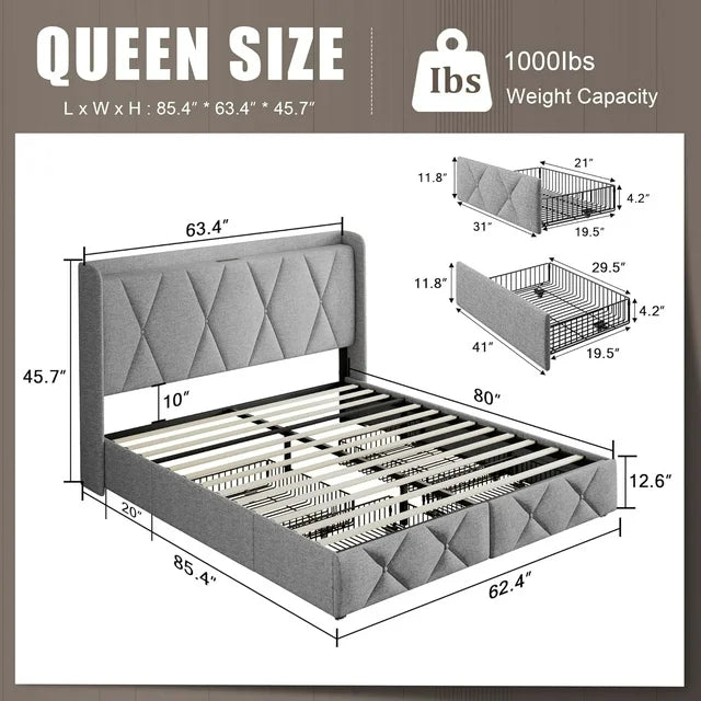 iPormis Bed Frame with Charging Station , Upholstered Bed with 4 Storage Drawers