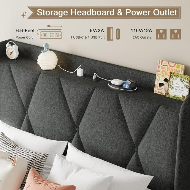 iPormis Bed Frame with Charging Station , Upholstered Bed with 4 Storage Drawers