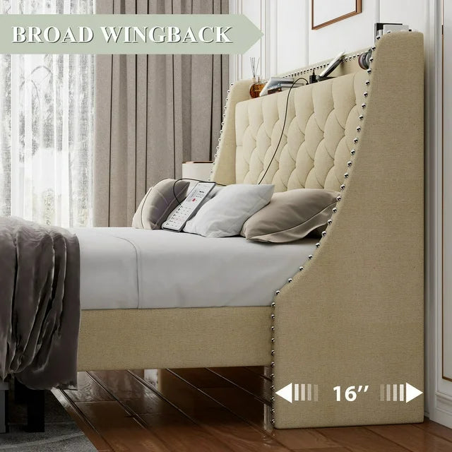iPormis Full Bed Frame with Upholstered Wingback Button Tufted Storage Headboard