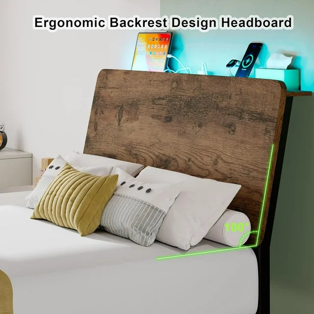 iPormis Bed Frame with Ergonomic Storage Headboard & Charging Station