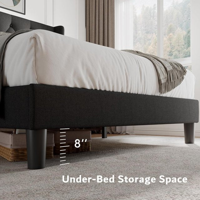 iPormis Bed Frame with Diamond Button Tufted Wingback Headboard, Upholstered Platform Bed Frame