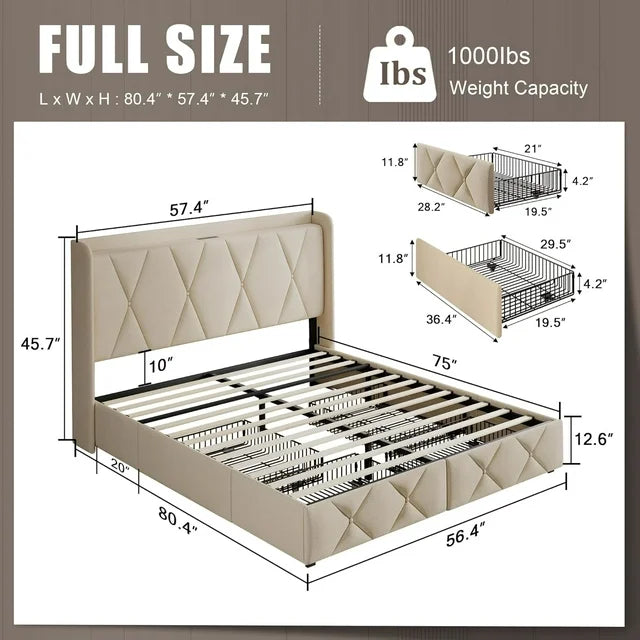 iPormis Bed Frame with Charging Station , Upholstered Bed with 4 Storage Drawers