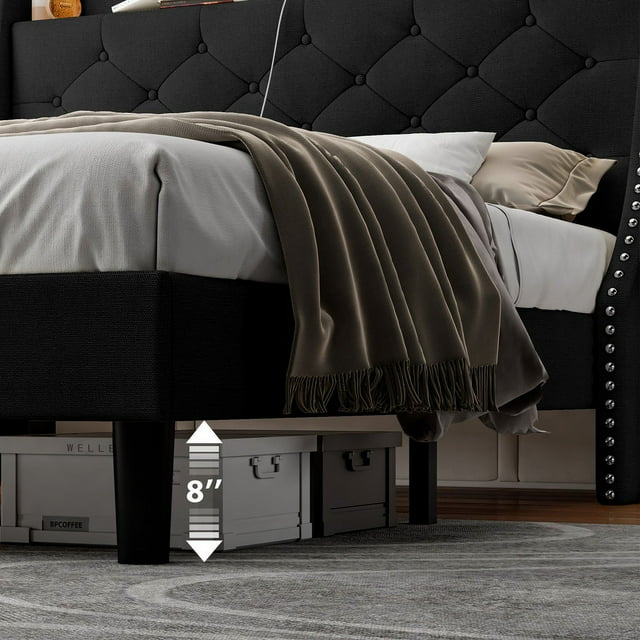 iPormis Full Bed Frame with Upholstered Wingback Button Tufted Storage Headboard