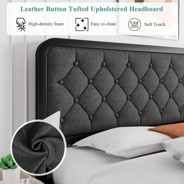 iPormis Queen Size Metal Bed Frame with Linen Upholstered Headboard, 12'' Underbed Space