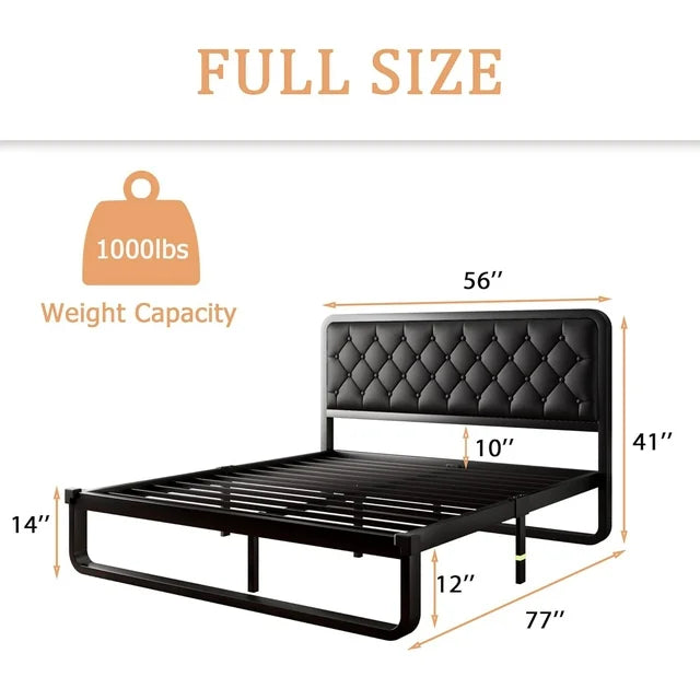 iPormis Queen Size Metal Bed Frame with Linen Upholstered Headboard, 12'' Underbed Space