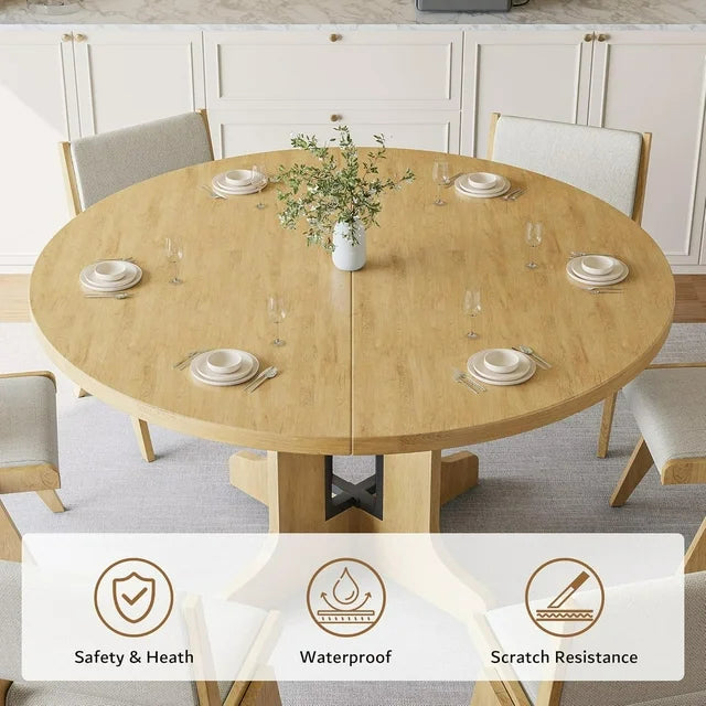 iPormis 59" Extendable Round Dining Table for 6 Modern Kitchen Table with Sturdy Wooden Base, Dining Room Table with Thickened MDF Board