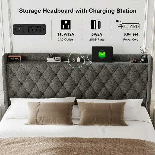 iPormis Queen Size Bed Frame with Lift up Storage & Charging Station, Button Tufted Wingback Upholstered Headboard
