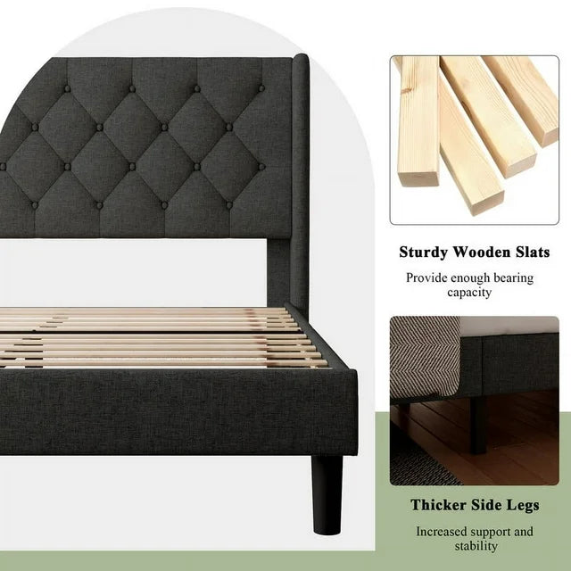 iPormis Bed Frame with Diamond Button Tufted Wingback Headboard, Upholstered Platform Bed Frame