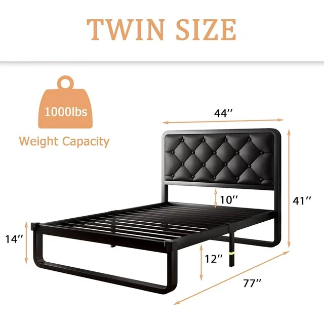 iPormis Queen Size Metal Bed Frame with Linen Upholstered Headboard, 12'' Underbed Space