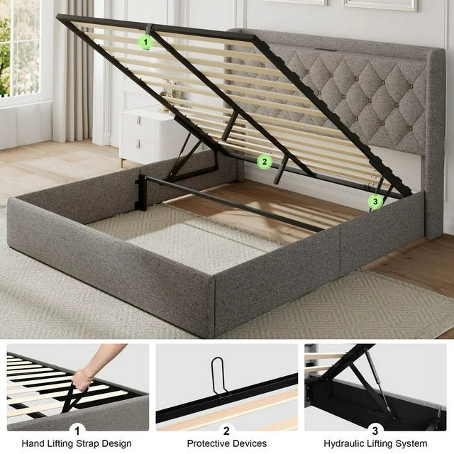 iPormis Queen Size Bed Frame with Lift up Storage & Charging Station, Button Tufted Wingback Upholstered Headboard