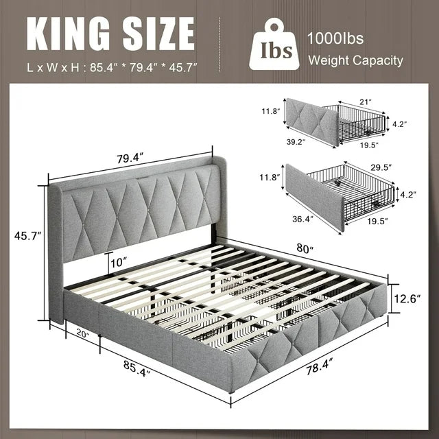 iPormis Bed Frame with Charging Station , Upholstered Bed with 4 Storage Drawers