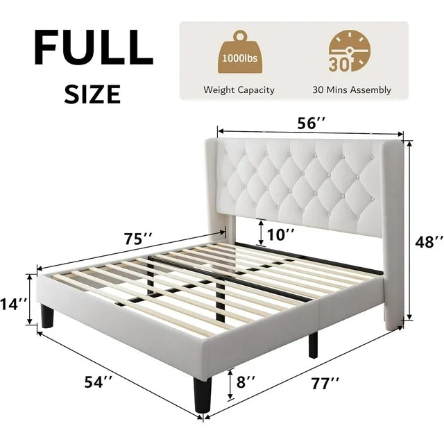 iPormis Bed Frame with Diamond Button Tufted Wingback Headboard, Upholstered Platform Bed Frame
