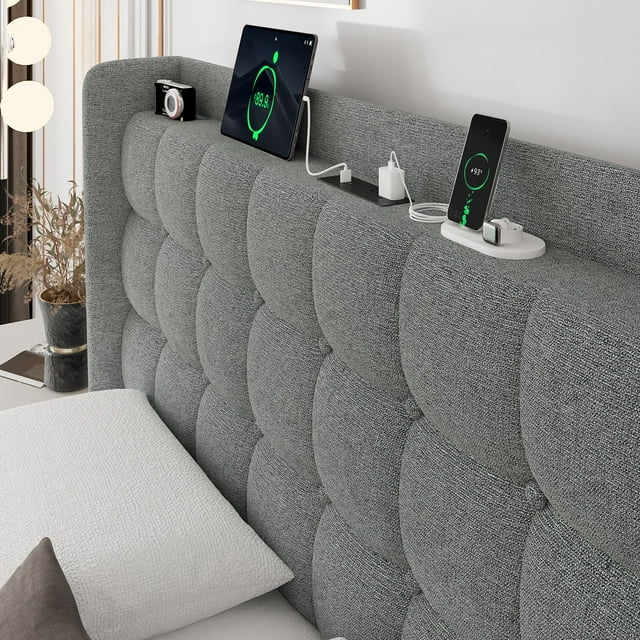 ipormis Full Size Bed Frame with Charging Station，Upholstered Platform Bed Frame with Wingback Storage Headboard