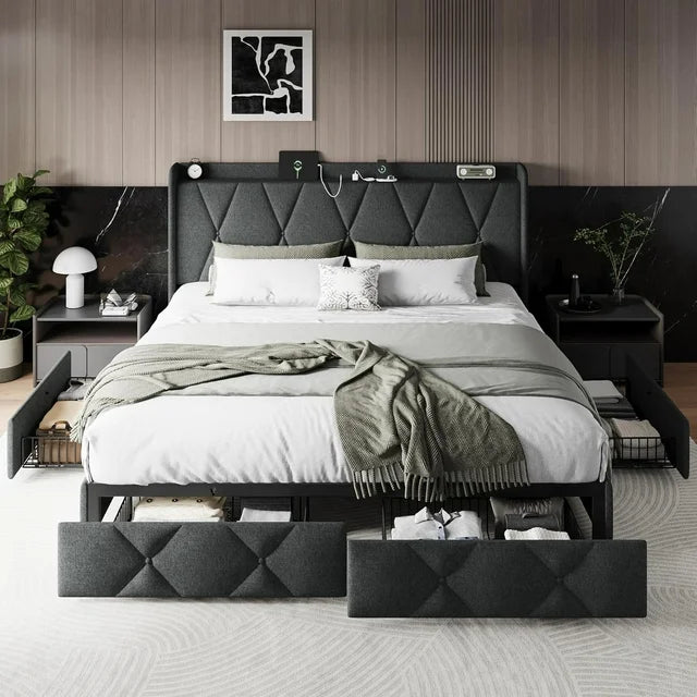 iPormis Bed Frame with Charging Station , Upholstered Bed with 4 Storage Drawers
