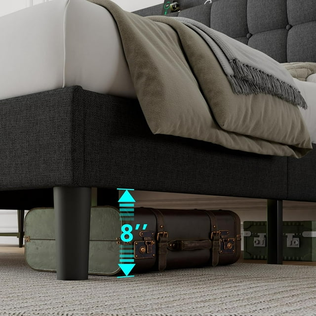 ipormis Full Size Bed Frame with Charging Station，Upholstered Platform Bed Frame with Wingback Storage Headboard