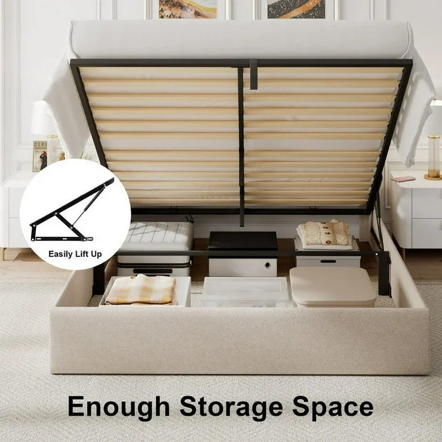 iPormis Queen Size Bed Frame with Lift up Storage & Charging Station, Button Tufted Wingback Upholstered Headboard