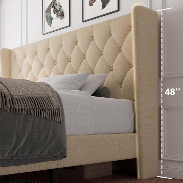 iPormis Bed Frame with Diamond Button Tufted Wingback Headboard, Upholstered Platform Bed Frame