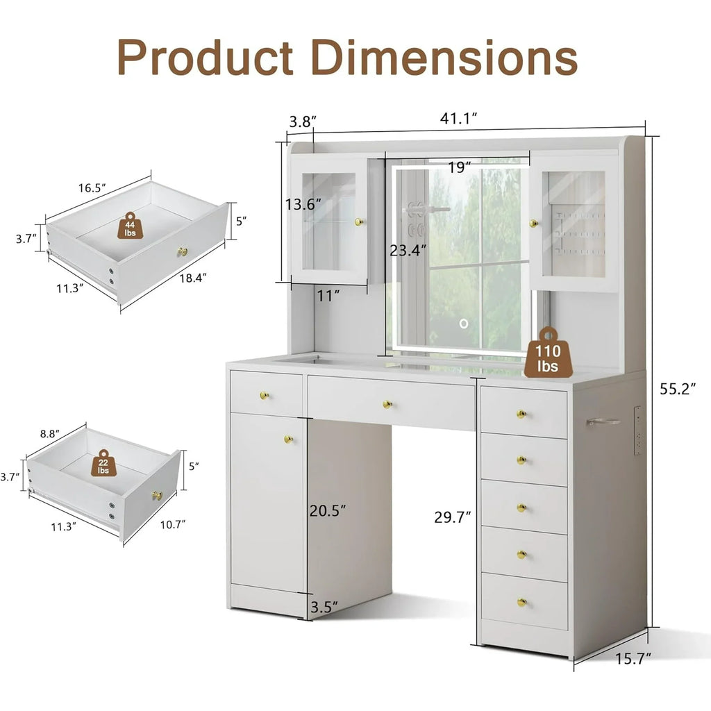 iPormis Vanity Desk with Mirror and Lights, Glass Top Makeup Vanity with RGB Light and Charging Station