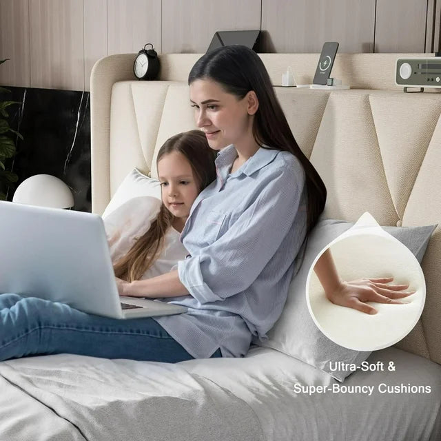 iPormis Bed Frame with Charging Station , Upholstered Bed with 4 Storage Drawers