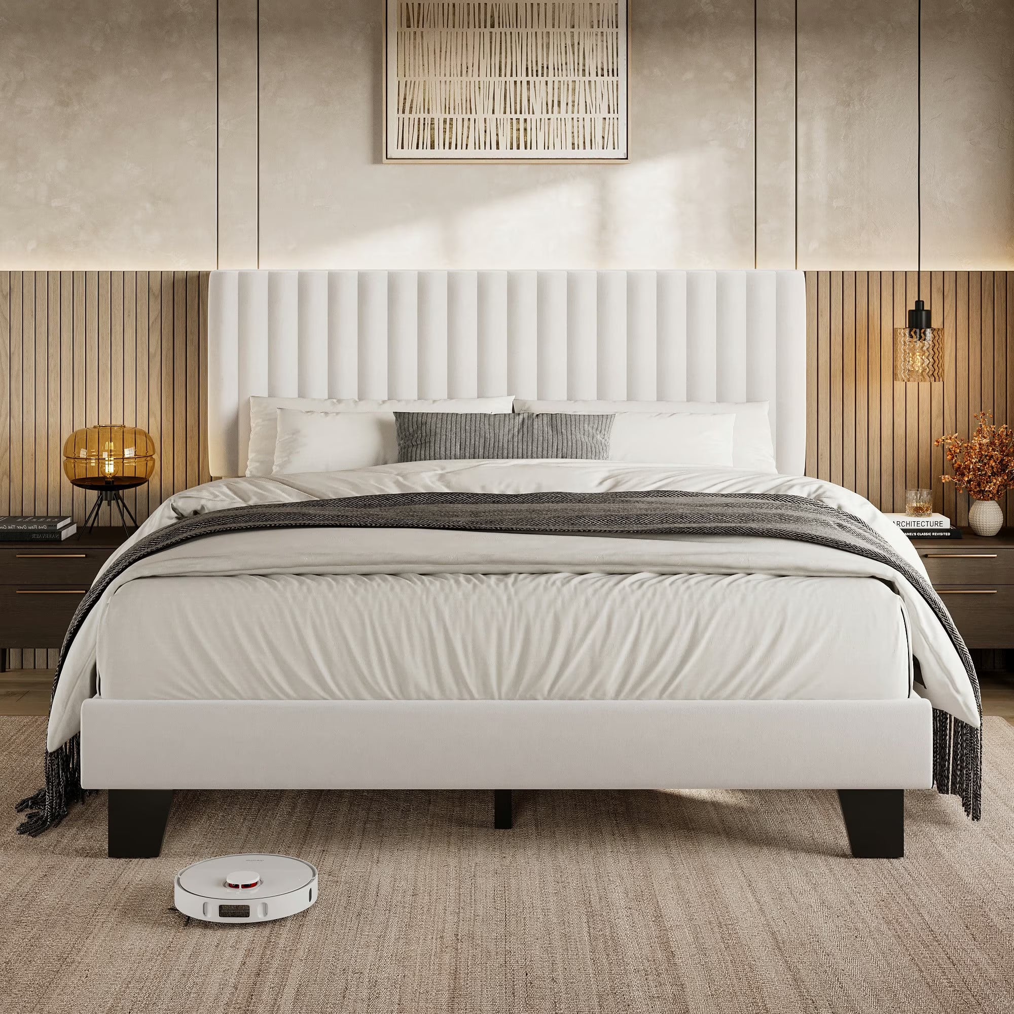 Virans Upholstered Linen Platform Bed frame with Fabric Headboard