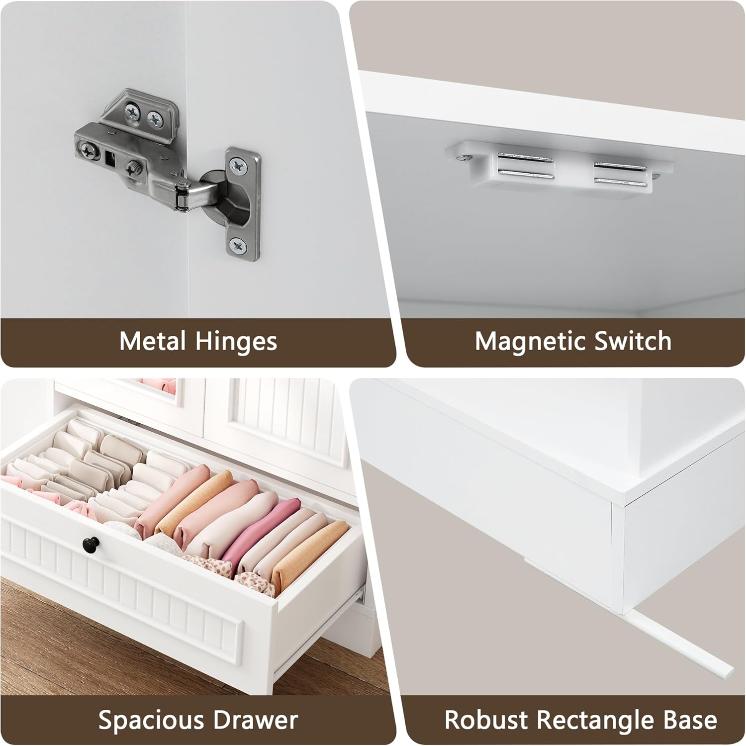 Feonase Armoire Wardrobe Closet with Mirror, Bedroom Armoires with 2 Doors, 1 Drawers and 3 Shelves, Large Clothing Storage Cabinet for Hanging Clothes, White