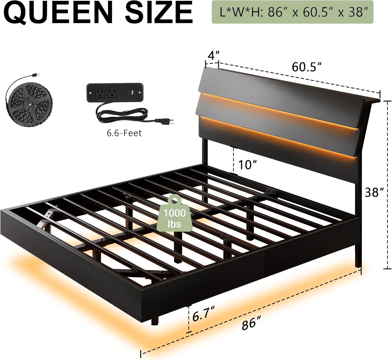 Feonase Floating Bed Frame Queen Size with Led Lights and Charging Station, Wood Queen Bed Frame with Storage Headboard, Heavy Duty Metal Slats, No Box Spring Needed, Easy Assembly, Black