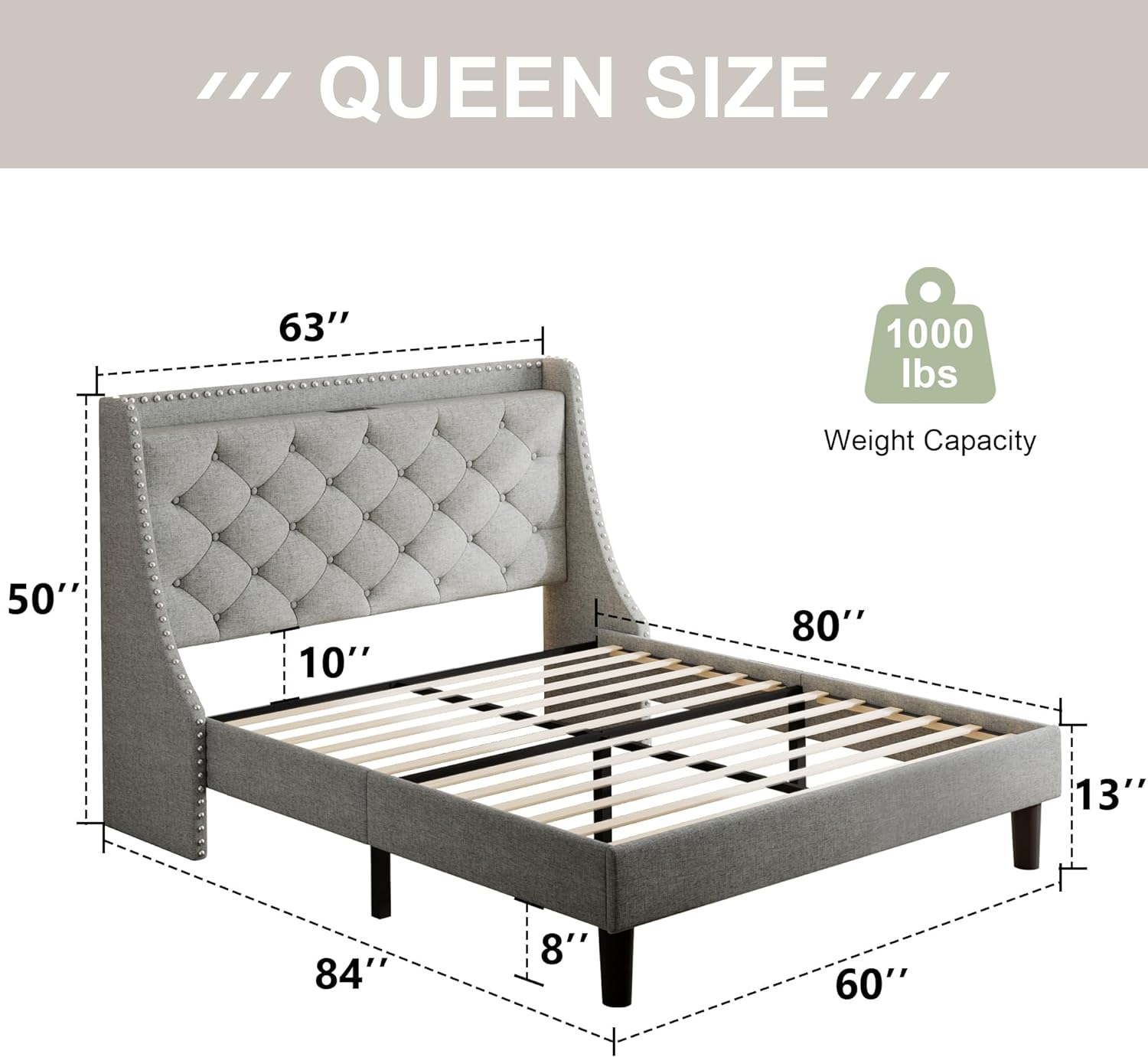Feonase Bed Frame with Luxury Wingback and Charging Station