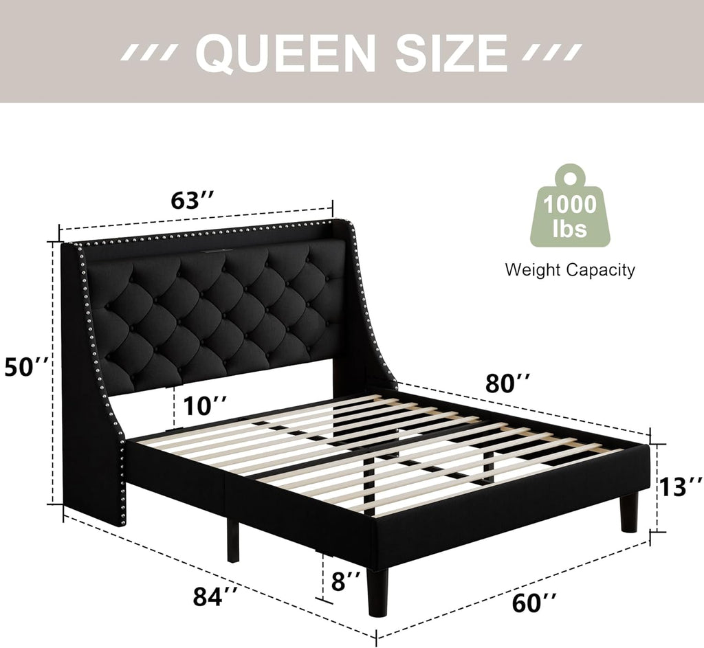 Feonase Bed Frame with Luxury Wingback and Charging Station