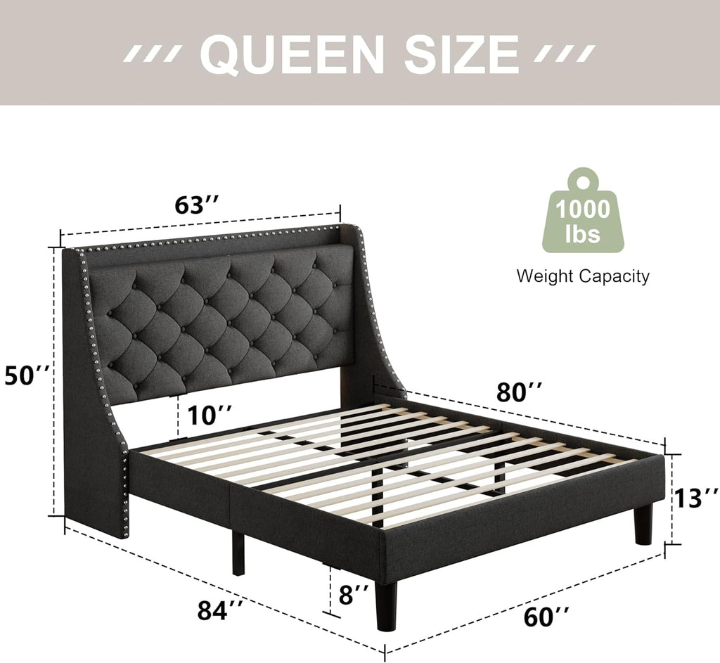 Feonase Bed Frame with Luxury Wingback and Charging Station