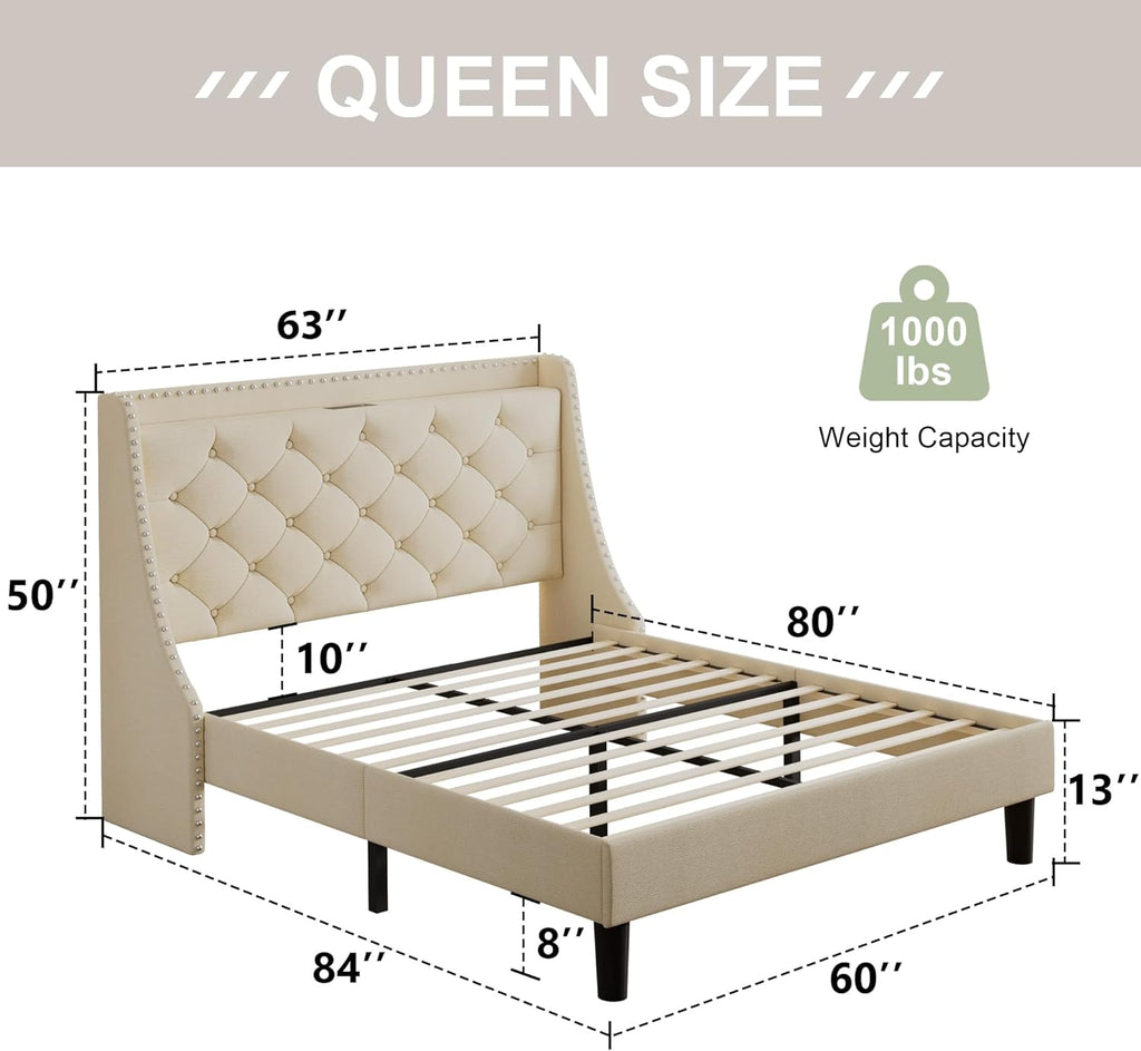 Feonase Bed Frame with Luxury Wingback and Charging Station