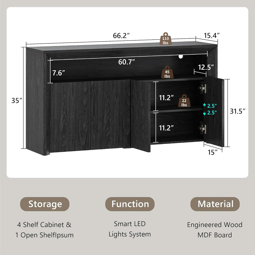 Feonase 66.2" Buffet Cabinet with Storage & Led Lights, Modern Sideboard Cabinet with 4 Doors & Shelves, Fluted Media Console Mid Century, Coffee Bar Table for Dining Room Kitchen, Dark Grey