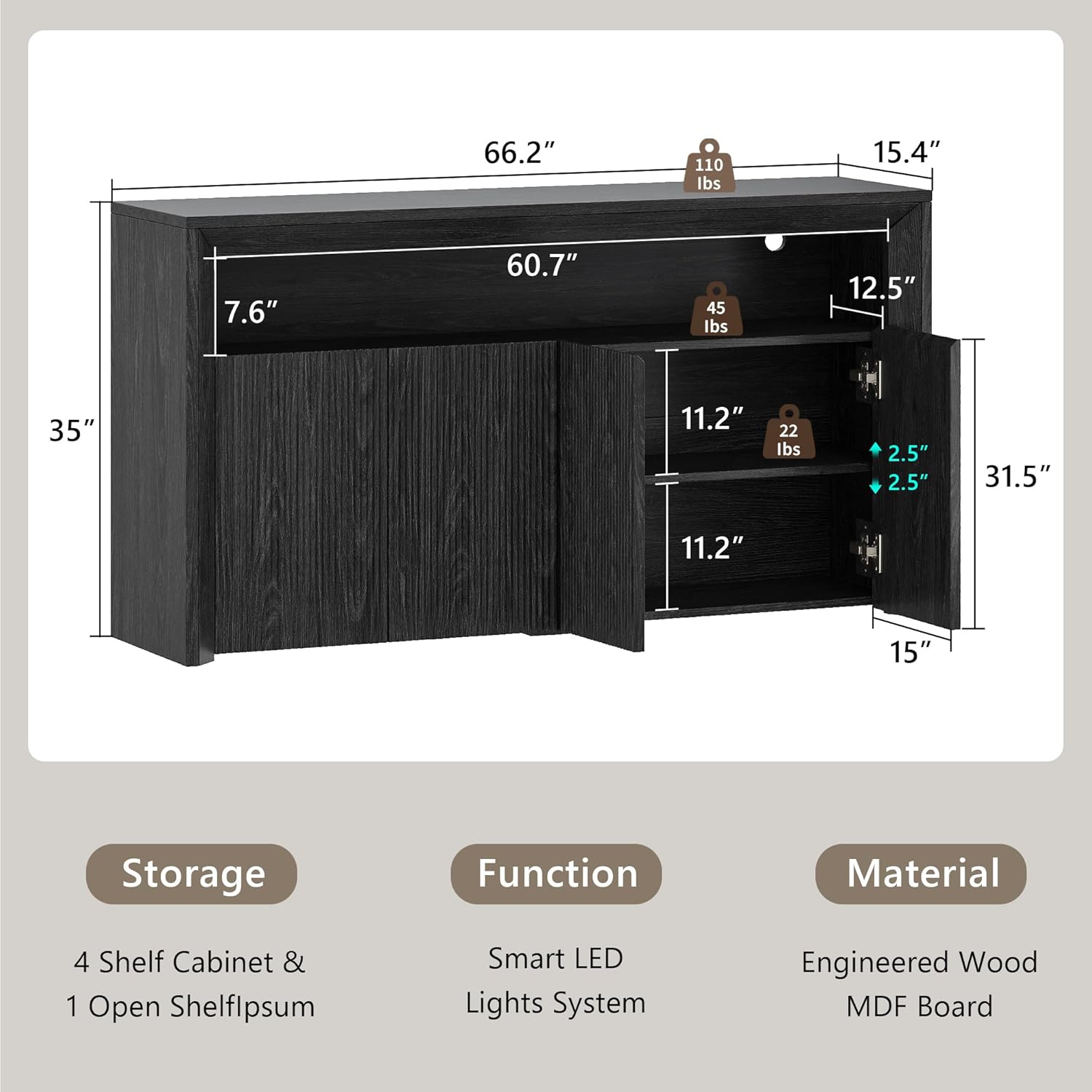 Feonase 66.2" Buffet Cabinet with Storage & Led Lights, Modern Sideboard Cabinet with 4 Doors & Shelves, Fluted Media Console Mid Century, Coffee Bar Table for Dining Room Kitchen, Dark Grey