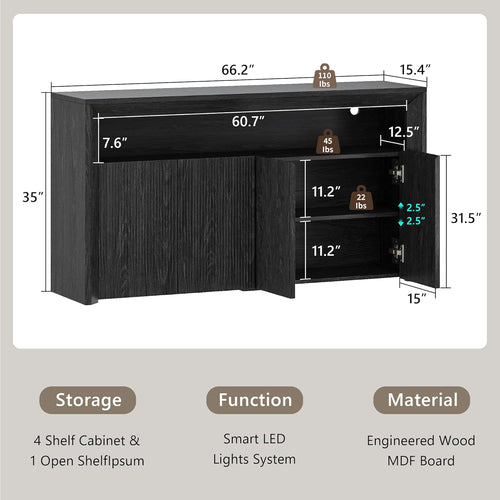 Feonase 66.2" Buffet Cabinet with Storage & Led Lights, Modern Sideboard Cabinet with 4 Doors & Shelves, Fluted Media Console Mid Century, Coffee Bar Table for Dining Room Kitchen, Dark Grey