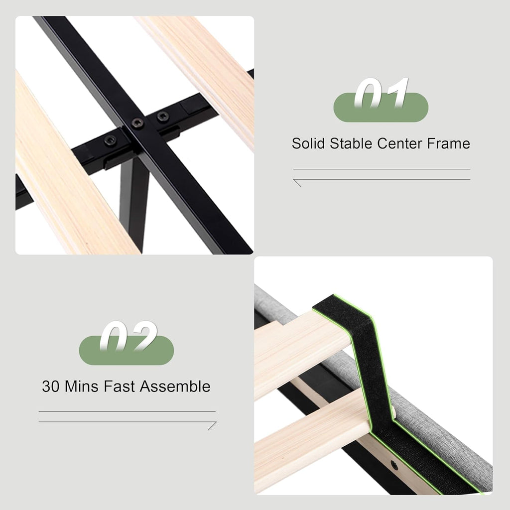 Feonase Bed Frame with Charging Station, Upholstered Platform Frame with Wingback Storage Headboard