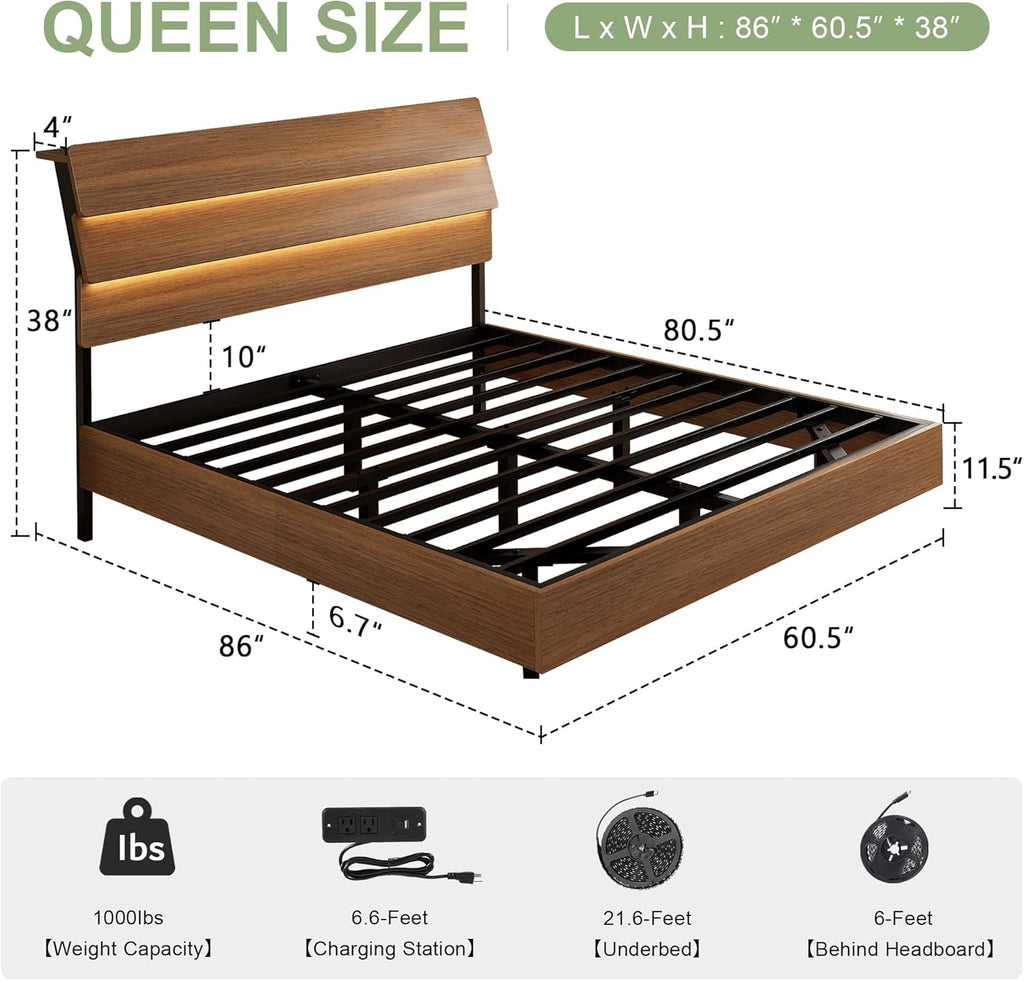Feonase Floating Bed Frame Queen with Led Lights and Charging Station, Wood Full Size Bed Frame with Storage Headboard, Heavy Duty Metal Slats, No Box Spring Needed, Easy Assembly,Walnut