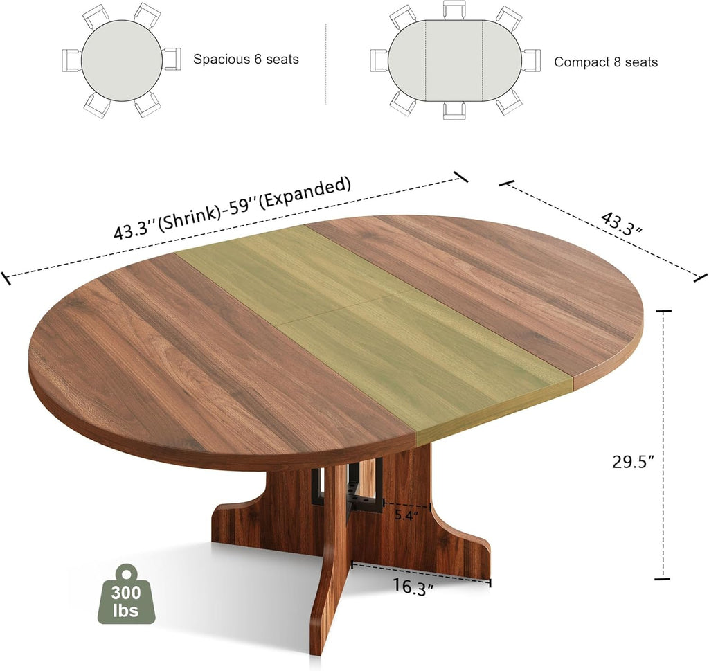 Feonase 59" Round Extendable Dining Room Table for 4-6, Modern Oval Kitchen Table with Heavy Duty Wood Base, Metal Frame Support, for Dining Kitchen Living Room, Easy Assembly, Noise-Free, Walnut