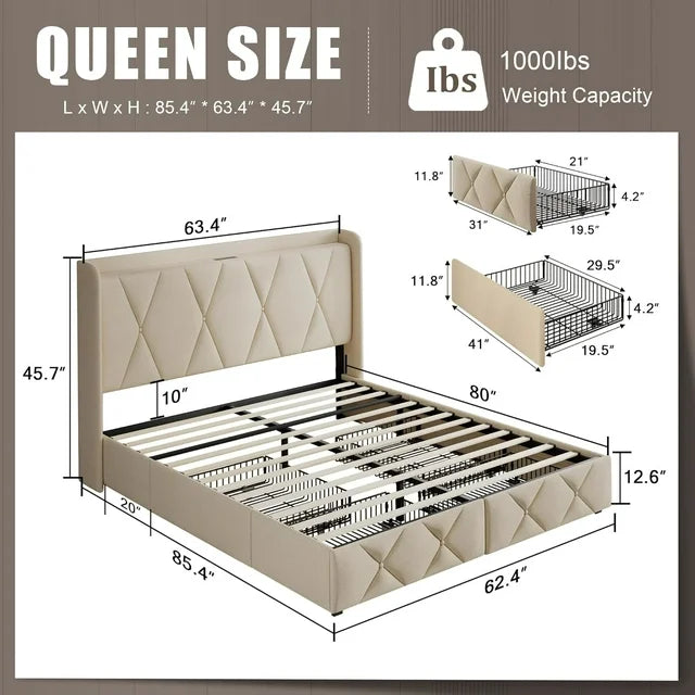 iPormis Bed Frame with Charging Station , Upholstered Bed with 4 Storage Drawers