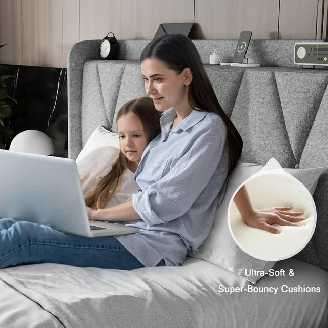 iPormis Bed Frame with Charging Station , Upholstered Bed with 4 Storage Drawers