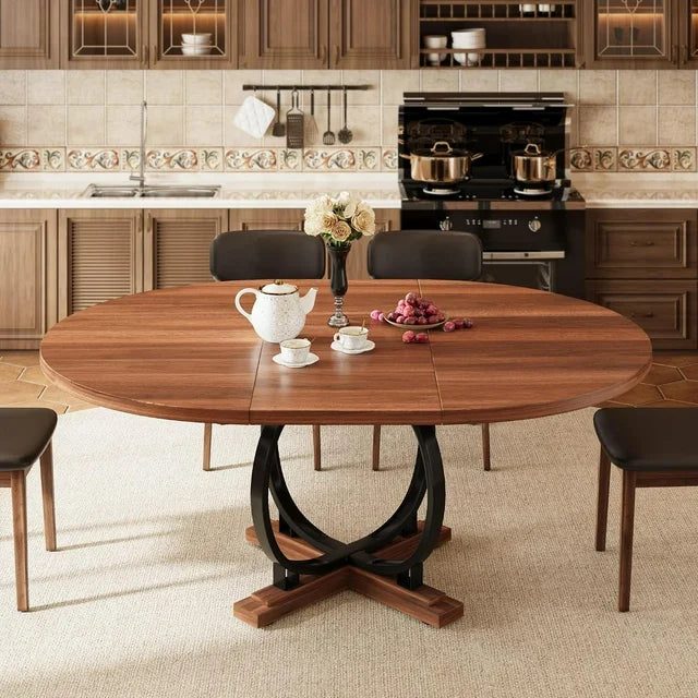 iPormis 59'' Extendable Round Dining Table for 4 to 8, Kitchen Table with Sturdy X-Base Metal Legs