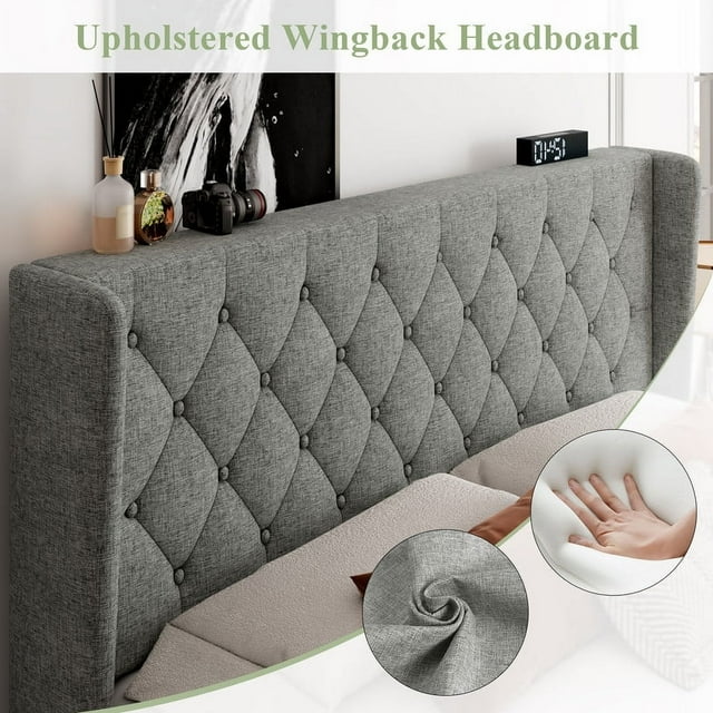 iPormis Bed Frame with Diamond Button Tufted Wingback Headboard, Upholstered Platform Bed Frame