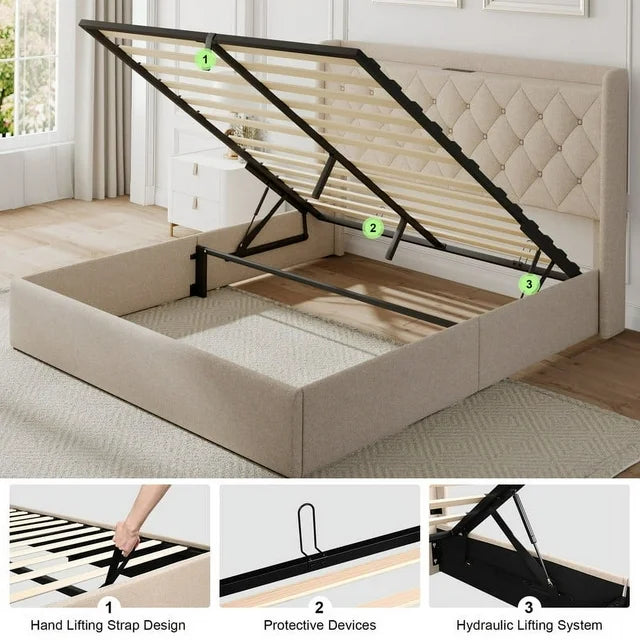 iPormis Queen Size Bed Frame with Lift up Storage & Charging Station, Button Tufted Wingback Upholstered Headboard