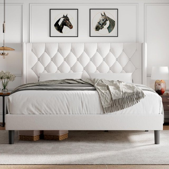 iPormis Bed Frame with Diamond Button Tufted Wingback Headboard, Upholstered Platform Bed Frame